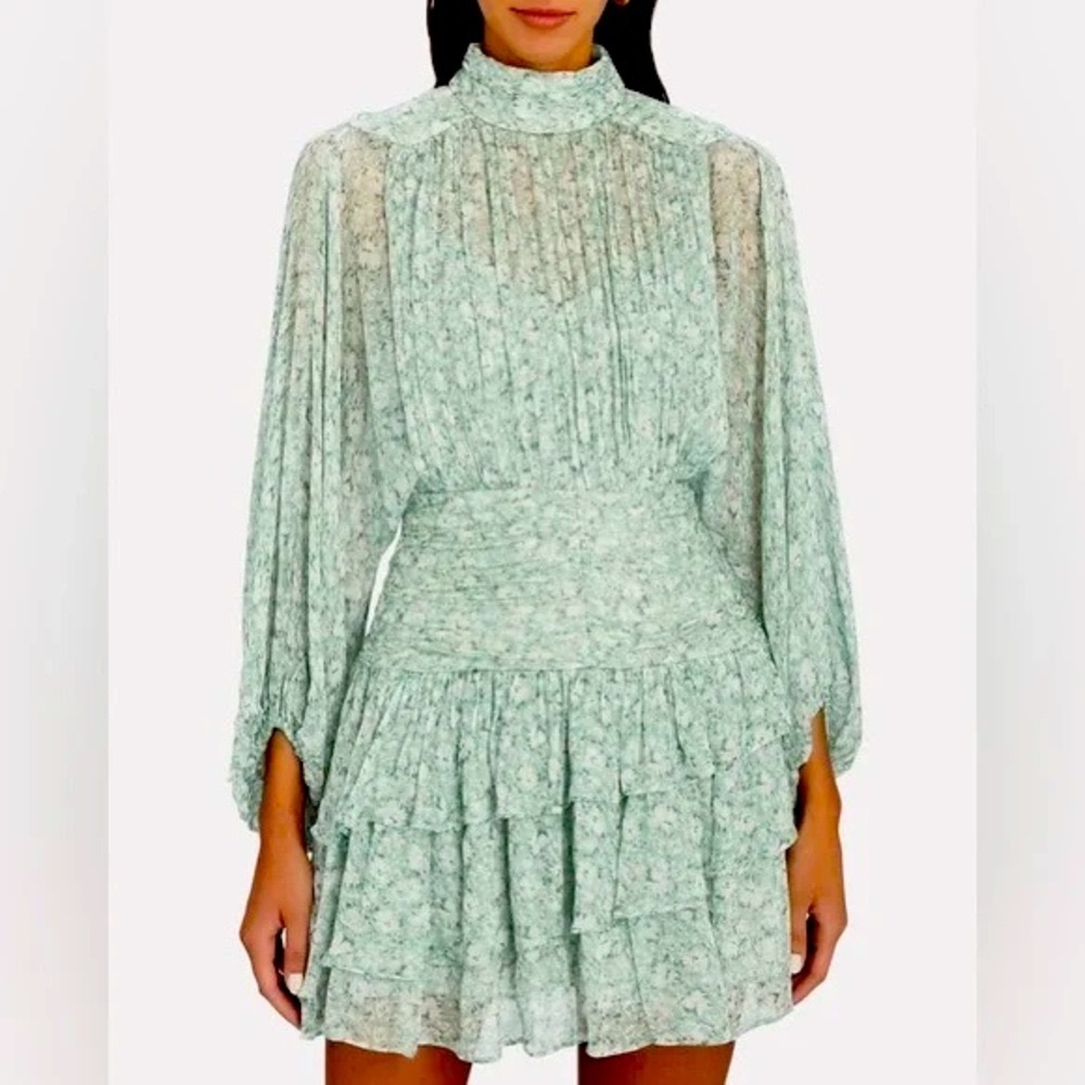 SHONA JOY Rushed Thyme Green Print Aurore mini dress in Chiffon size 2
